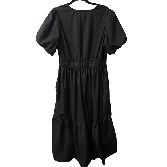 French Connection Black Puff Sleeve Midi Dress With V-Neckline & Tiered Skirt Wo - Picture 6 of 14